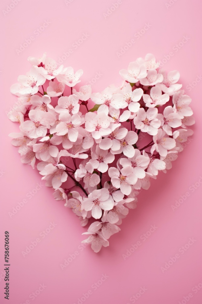 A heart shaped arrangement of flowers on a pink background. Generative AI.