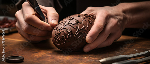 A man is carving a chocolate easter egg with a knife.
