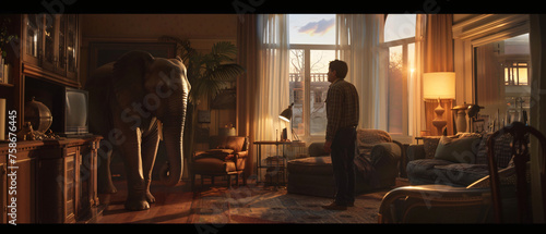 A man standing in a living room next to an elephant st