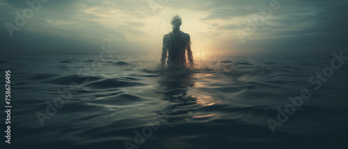 A man standing in the middle of a body of water. ..