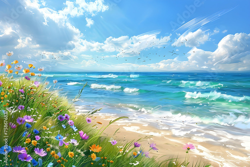 A beautiful impressionism art landscape of a summer beach with wild flowers, green sea, and blue sky. Perfect for vacation and relaxation.