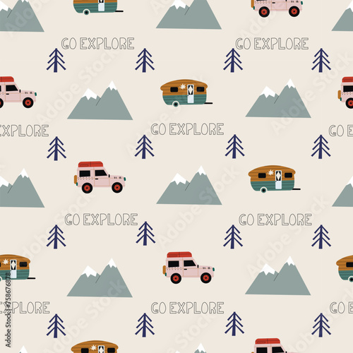 Hand drawn camping elements seamless pattern. Camping background. Camping doodle illustration. Vector illustration.