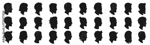 Human head silhouette icon set, different men haircut photo