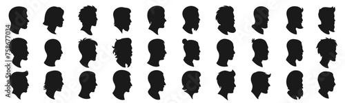 Human head silhouette icon set, different men haircut