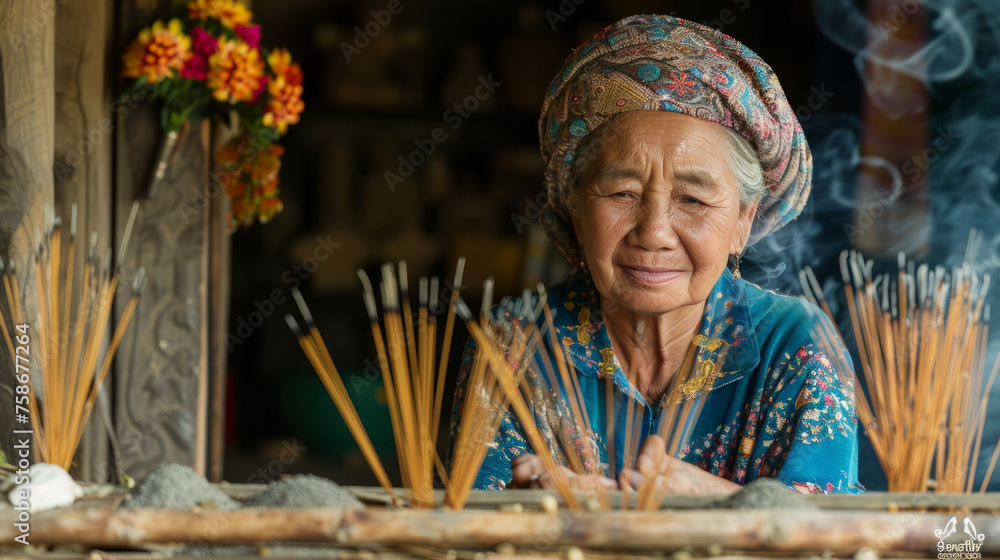 Traditional incense stick crafting by an artisan in a rustic setting