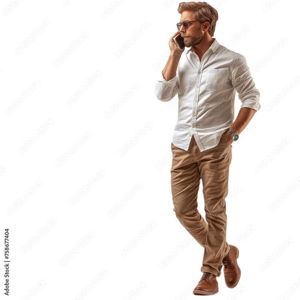Young Businessman Engaged in a Phone Conversation While Walking Down the Street in a Business District Young Businessman Engaged in a Phone Conversation While Walking Down the Street in a Business District
