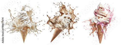 Set of delicious ice cream explosion, isolated on transparent background. photo