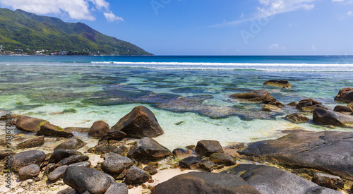 Coastal view of Beau Vallon beach, Seychelles. Natural landscape photo