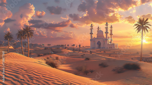  Mosque in desert with palm trees at sunset #758677861