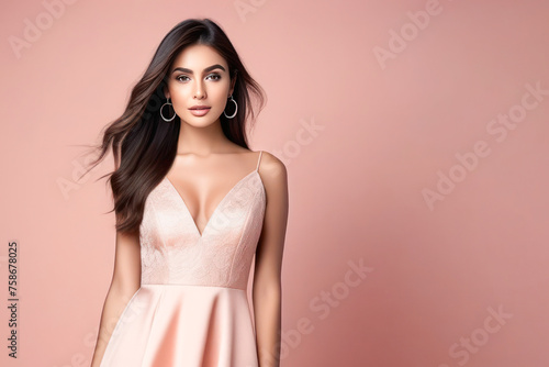 Pretty girl model of Asian ethnicity in the studio against a background of peach shade. The model looks at the camera and smiles. Girl in evening dress and free space for text.