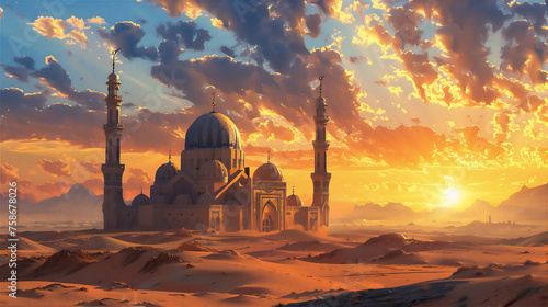  Painting of Mosque in sunset sky