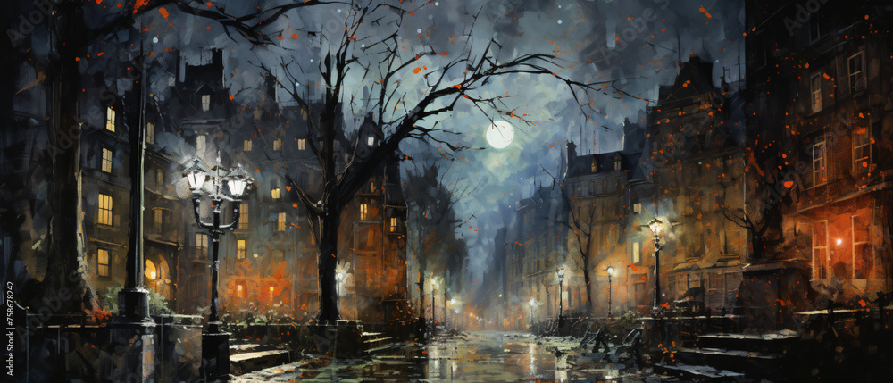 A painting of a city street at night with trees and bu - obrazy, fototapety, plakaty 
