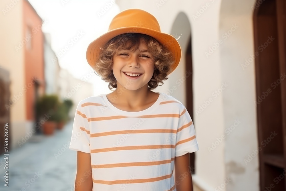 portrait of smiling little boy in orange hat on the city street