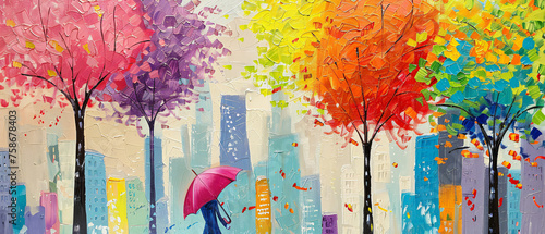 A painting of a city street with trees and buildings p
