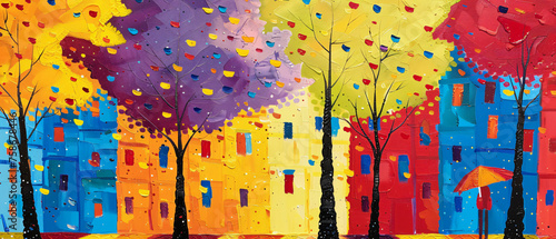 A painting of a city street with trees and buildings p