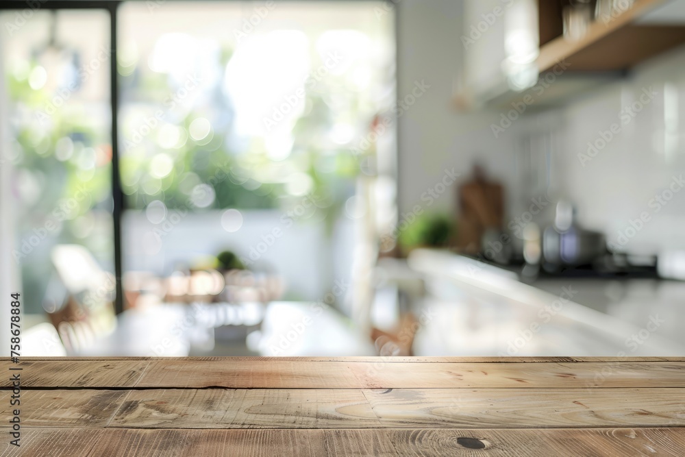 Empty wooden countertop with blurred modern kitchen background, space for display or montage - AI generated