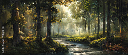 A painting of a forest with a river running through it © Jafger