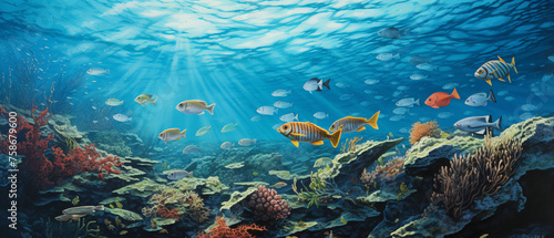 A painting of a group of fish swimming in the ocean. .