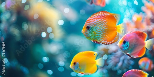 Aquatic dance of colorful discus fish amidst coral reef's enchanting ambiance