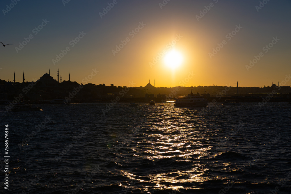 Silhouette of Istanbul at sunset.