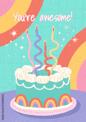 Colorful rainbow cake with spiral candles greeting card for celebration or birthday portrait vector illustration