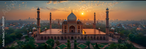 Aerial view of Jama Masjid Delhi Delhi India, Sunset backdrop with Jama Masjid in Agra India,  photo