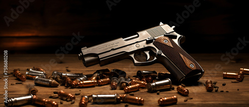 Gun pistol. mm pistol gun and bullets strewn 
