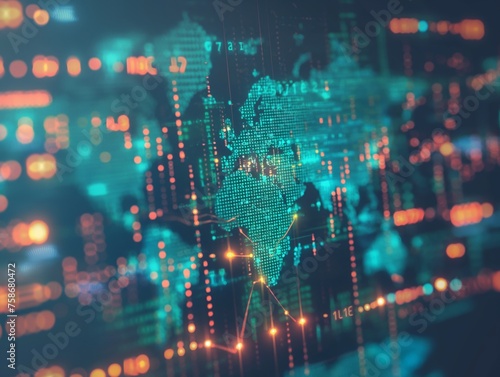 Abstract digital world map overlaid with glowing dots and connection lines symbolizing global connectivity and data exchange.