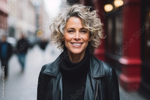Portrait of a beautiful middle-aged woman with curly hair in the city