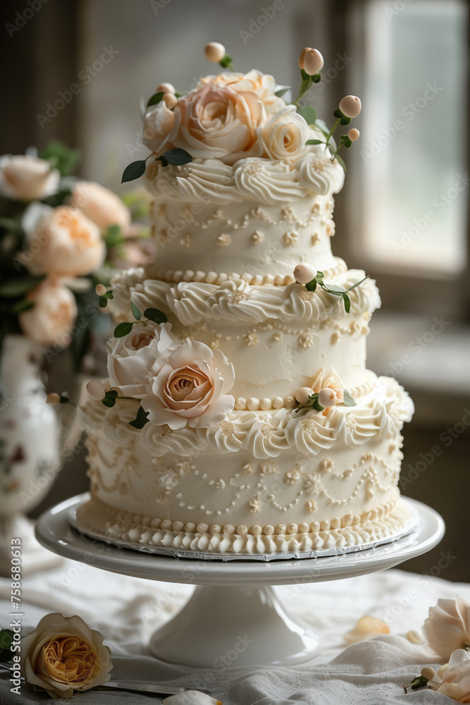 Elegant Wedding Cake with Decorated Flowers. Multi-tiered beautiful cake with decorations and flowers. Elegant Wedding Cake with Decorated Flowers. Multi-tiered beautiful cake with decorations and flowers.
