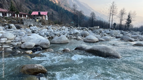 Beas river manali close up with selective focus and blur photo