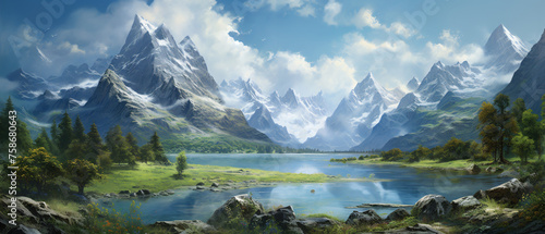 A painting of a mountain landscape with a lake © Jafger