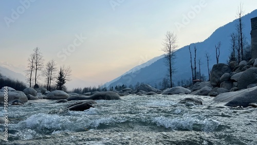 Beas river manali close up with selective focus and blur photo