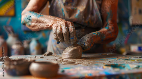 Dynamic shot of potter's hands covered in colorful pigments while shaping a piece on potter's wheel © road to millionaire
