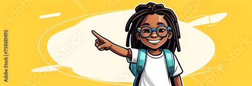 Dark-skinned girl  schoolgirl in glasses with a backpack  yellow tones. Banner for school and free space for advertising.