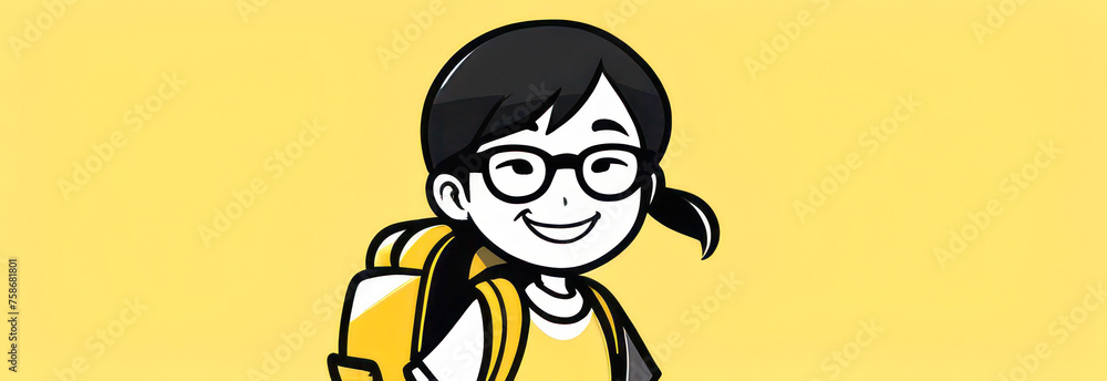 Happy asian girl, schoolgirl in glasses with a backpack, yellow tones. Banner for school and free space for advertising. Happy asian girl, schoolgirl in glasses with a backpack, yellow tones. Banner for school and free space for advertising.