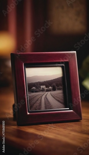 Vintage photo frame on the wooden table. © Badr