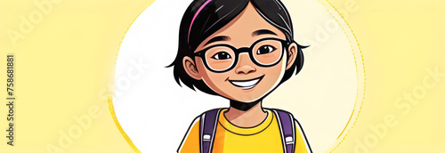 Happy asian girl  schoolgirl in glasses with a backpack  yellow tones. Banner for school and free space for advertising.