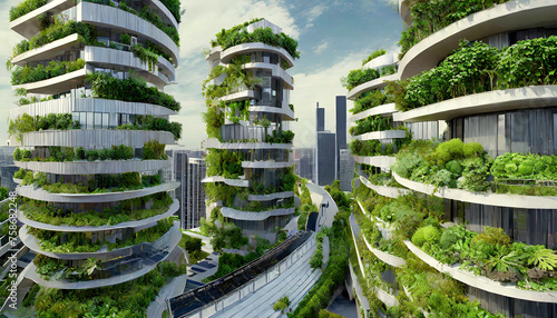 Modern buildings with vertical gardens and terraces with green plants and trees. Eco-friendly architecture in a modern city to reduce CO2 emissions and increase oxygen production. Generative Ai.