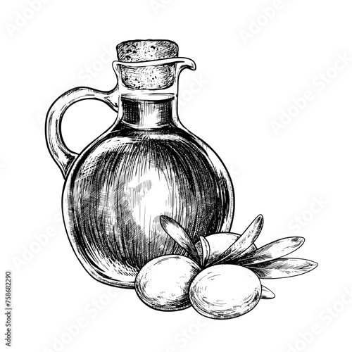 Olive oil bottle with berries vintage vector sketch drawing © Ann Lou