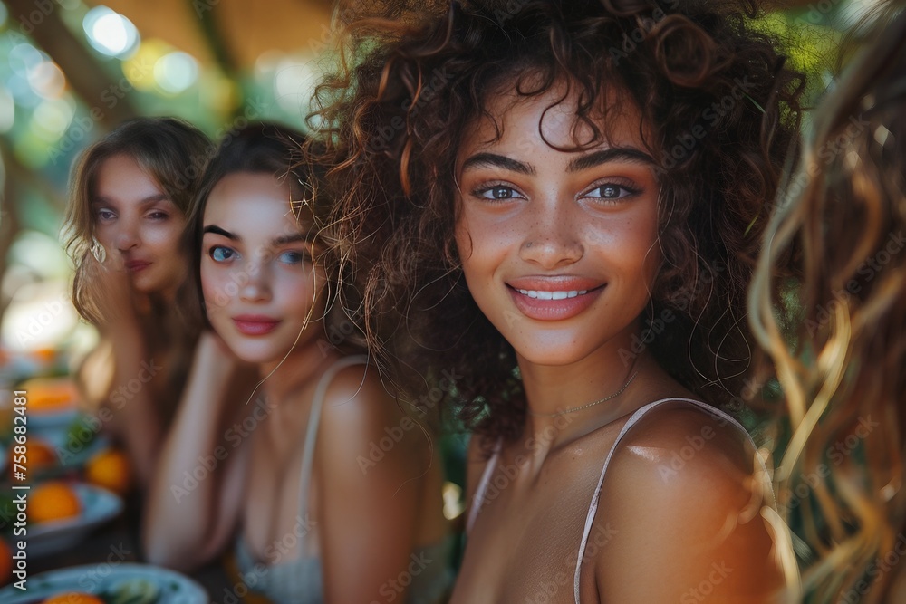 Beautiful young women enjoying brunch together at a beach, savoring food, laughter, and the ocean breeze in a picturesque setting Beautiful young women enjoying brunch together at a beach, savoring food, laughter, and the ocean breeze in a picturesque setting