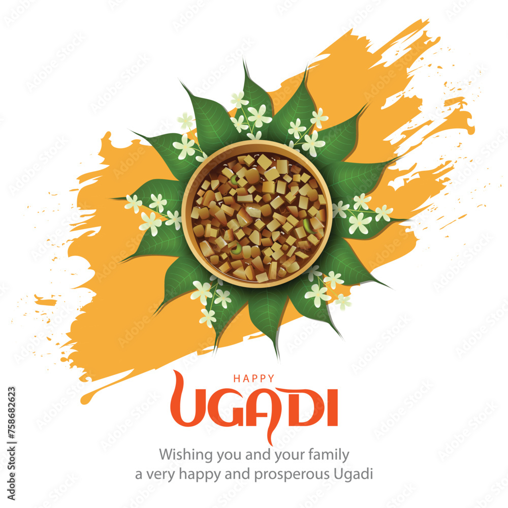 happy Ugadi New Year festival. holiday celebrated by the inhabitants of Karnataka and Andhra Pradesh. abstract vector illustration graphic design. - obrazy, fototapety, plakaty 