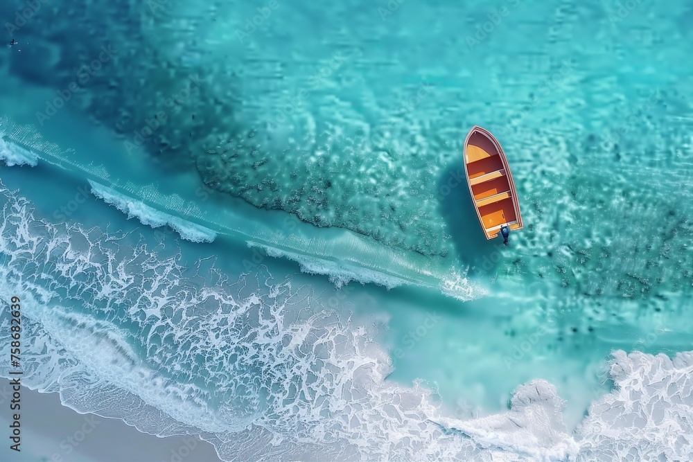 Wave and boat on the beach as a background. Beautiful natural background at the summer time from air. generative ai.