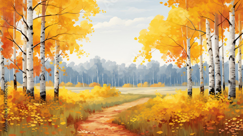 Horizontal autumn landscape with birch grove. 