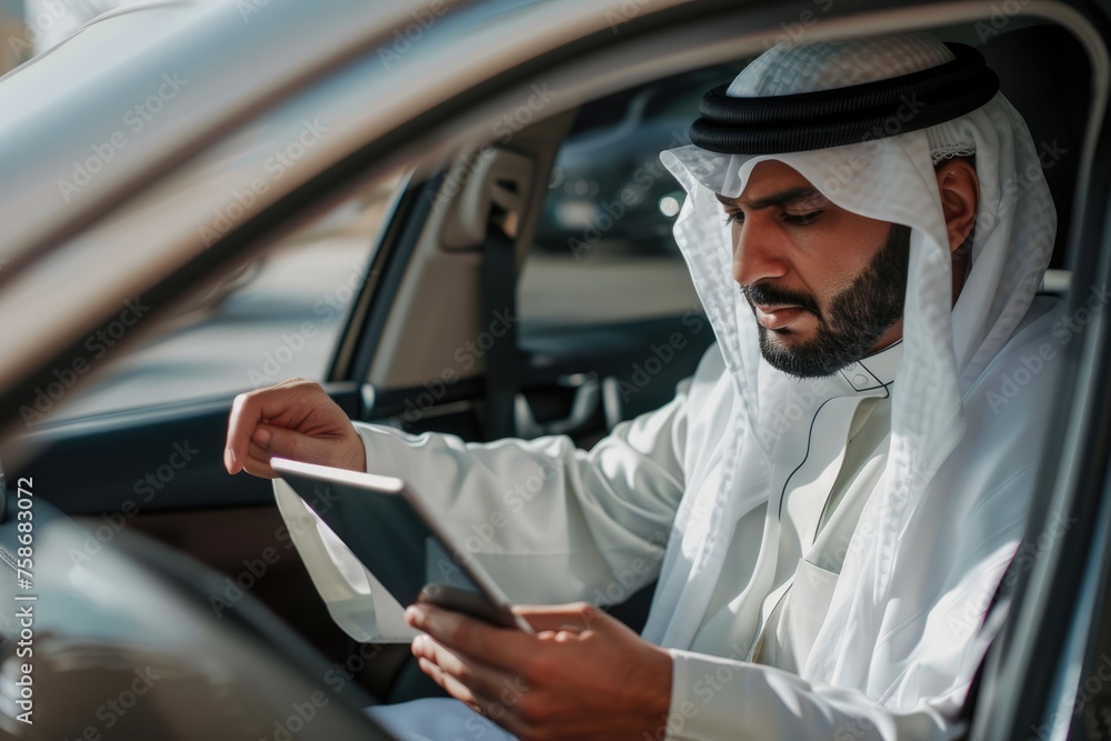 Middle Eastern businessman in traditional attire using smartphone in car, focused on modern connectivity - AI generated Middle Eastern businessman in traditional attire using smartphone in car, focused on modern connectivity - AI generated