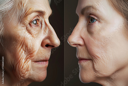 photo of a side-by-side comparison showcasing the remarkable improvement in a old and young  woman's skin photo