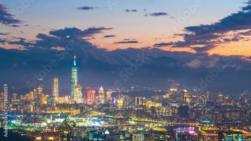 Day to night Time lapse, Aerial view of Taipei, Taiwan  photo