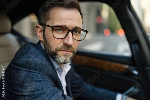 Focused businessman with glasses in suit riding in backseat of car, urban professional on the move - AI generated © qntn