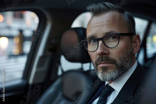Focused businessman with glasses in suit riding in backseat of car, urban professional on the move - AI generated