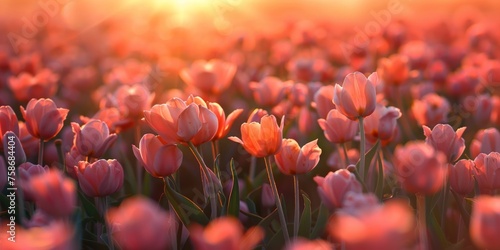 Lush pink tulip field kissed by the golden light of sunrise creating a picturesque spring morning